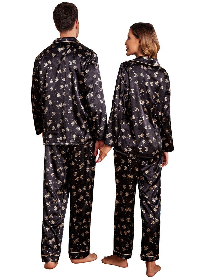 Ekouaer Couples Matching Pajamas Silk Long Sleeve Sleepwear Satin Soft Button Down Loungewear Pjs Set,Black with Snowflakes,XXL - Image 2